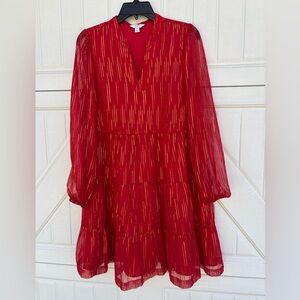 Crown & Ivy Red Gold Metallic Tiered Dress Small Sheer Sleeve Holiday Party